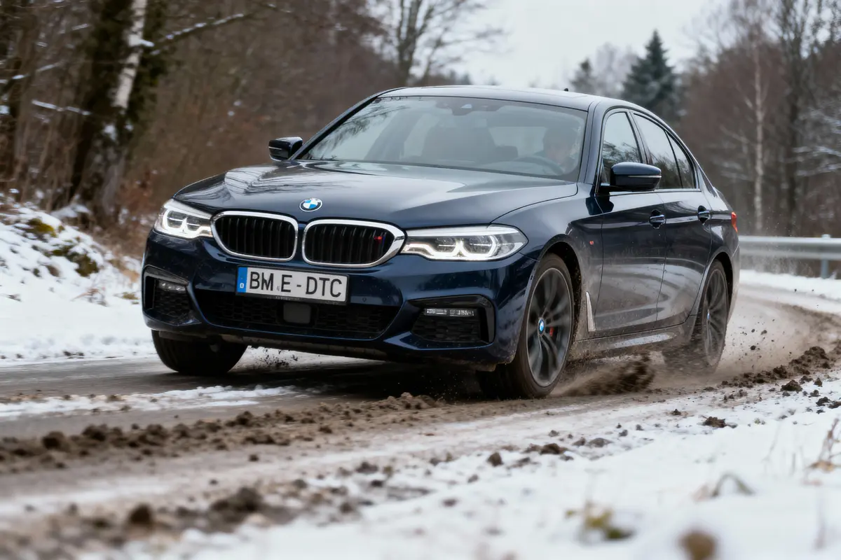 Voiture BMW noire roulant sur route enneigée et boueuse, entourée d'arbres nus en hiver.