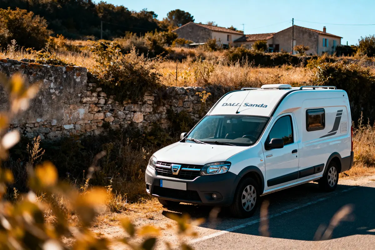 Camionnette blanche garée près d'un mur de pierre, paysage rural en arrière-plan, ciel bleu.