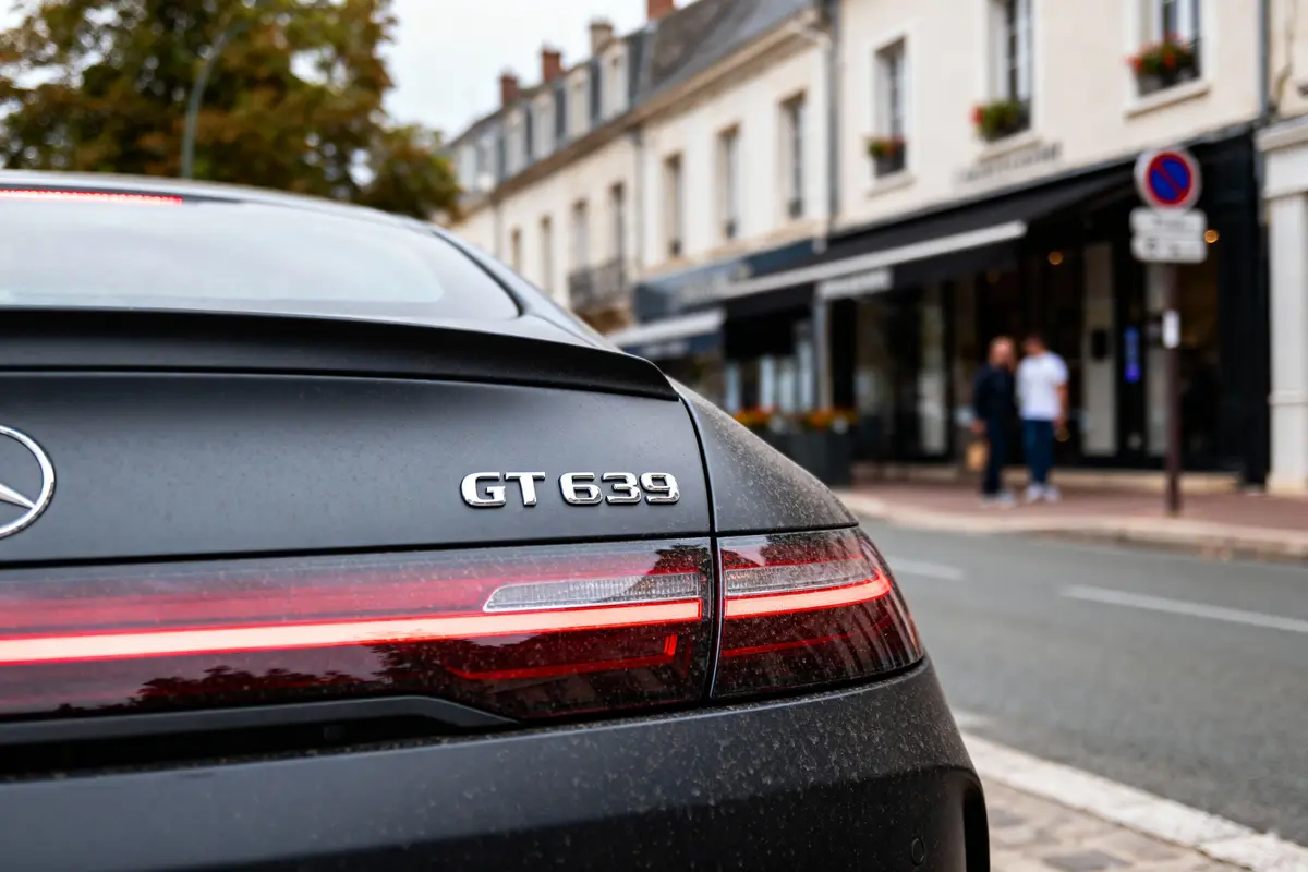 Voiture noire avec logo "GT 639", rue bordée de bâtiments et piétons en arrière-plan.