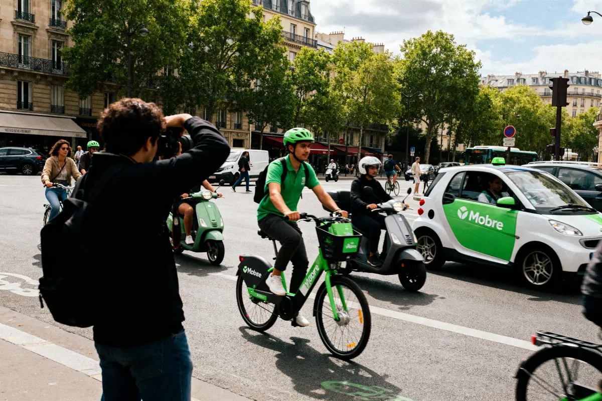 Personnes circulant à vélo, scooter et voiture verte dans une rue urbaine avec des arbres en arrière-plan.