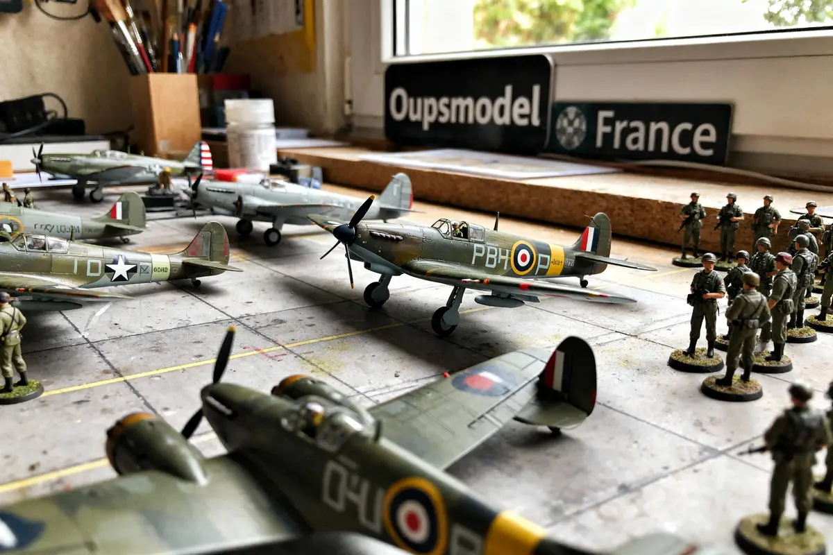 Maquette d'avions militaires, figurines de soldats et matériel de modélisme sur une table bien organisée près d'une fenêtre.