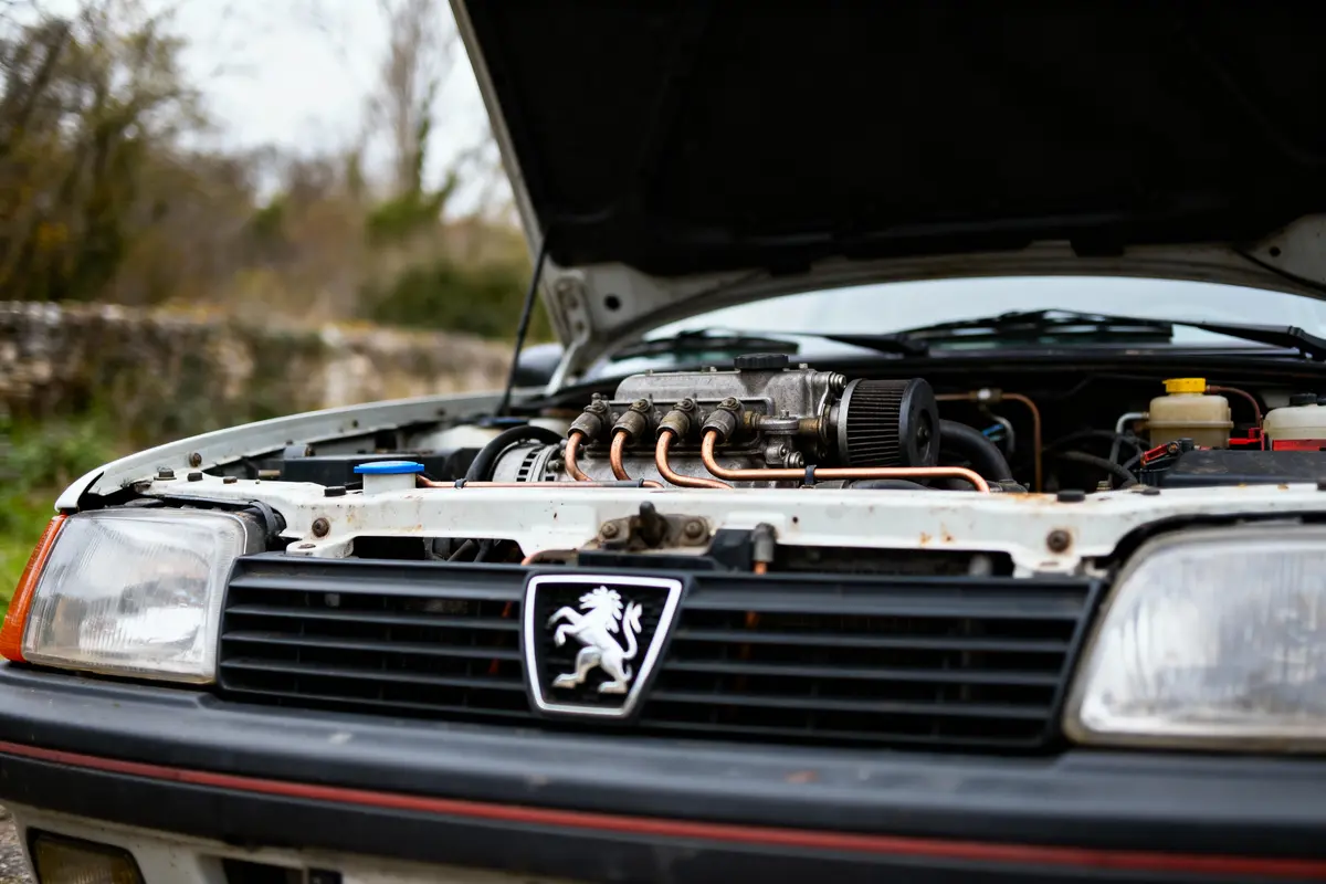 Capot d'une voiture Peugeot ouvert, exposant le moteur et des composants mécaniques visibles.