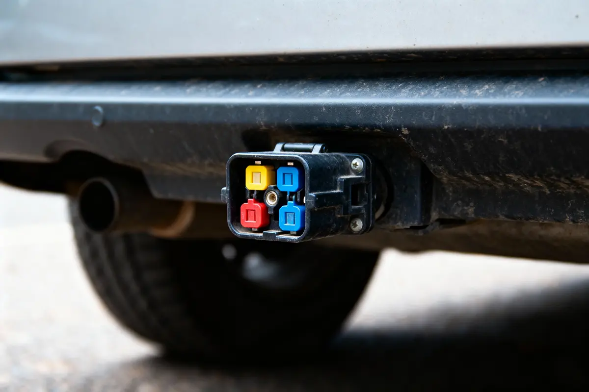 Prise électrique multicolore sur l'attelage arrière d'un véhicule utilitaire, fond flou.