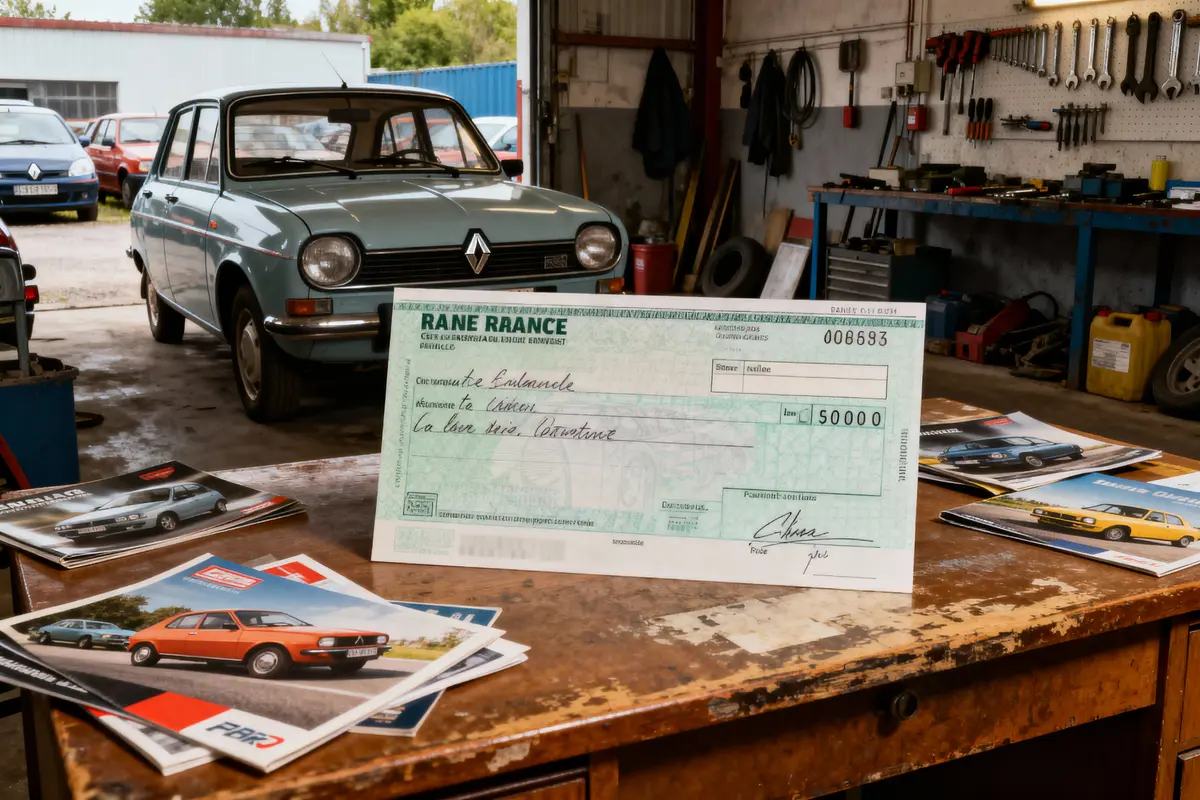 Un chèque sur une table en bois, avec une voiture Renault classique et des brochures automobiles en arrière-plan, dans un atelier.