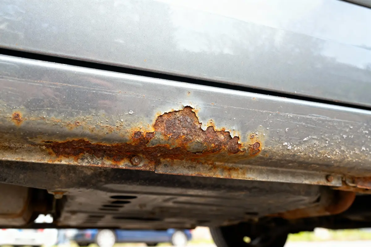 Bas de caisse de voiture endommagé par la rouille, montrant de la corrosion avancée sur le métal.