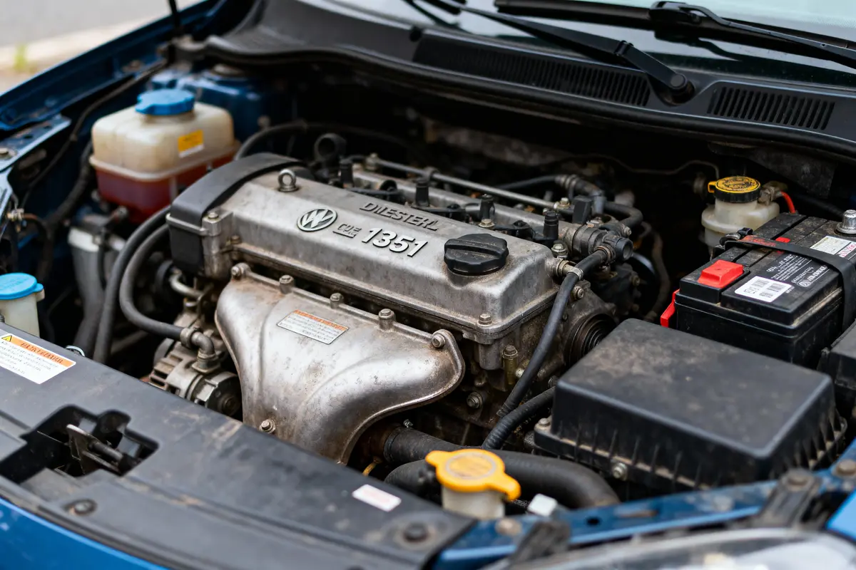 Moteur diesel Volkswagen visible sous le capot, avec des pièces métalliques, durites et divers réservoirs. Légère accumulation de poussière.