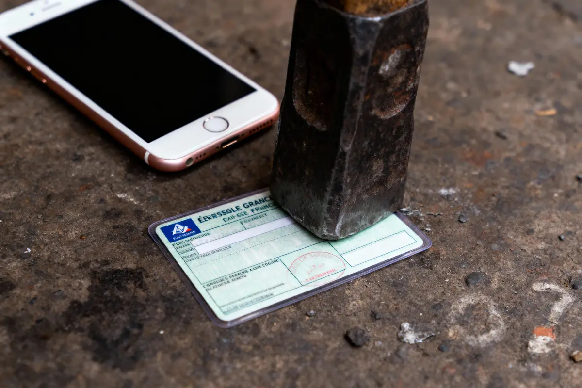 Un marteau est posé sur une carte d'identité, à côté d'un téléphone portable sur une surface rugueuse.