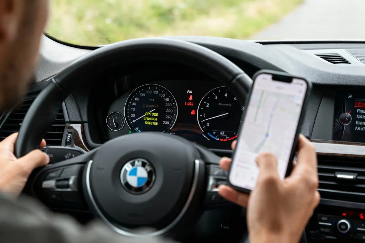 Conducteur d'une BMW regardant un téléphone affichant une carte, avec tableau de bord montrant des alertes et indicateurs de vitesse.