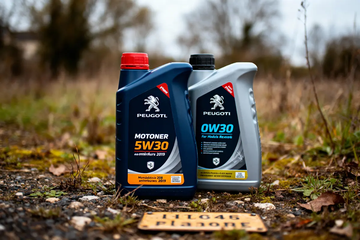 Deux bidons d'huile Peugeot, étiquetés 5W30 et 0W30, posés sur sol extérieur herbeux.