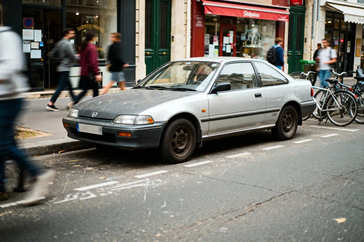 Voiture argentée garée en ville, piétons flous, devant magasins et vélos. Rue animée, ambiance urbaine.