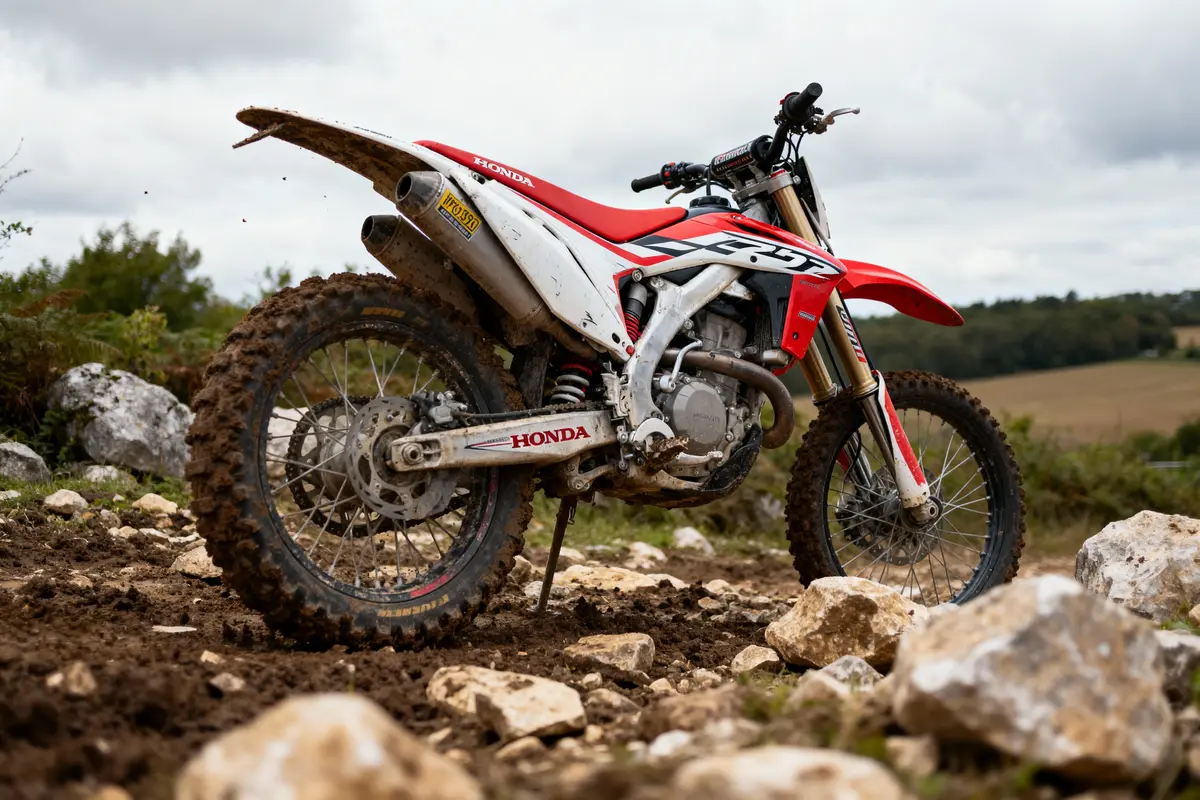 Moto-cross Honda sur un terrain boueux, entourée de pierres, avec un ciel nuageux en arrière-plan.