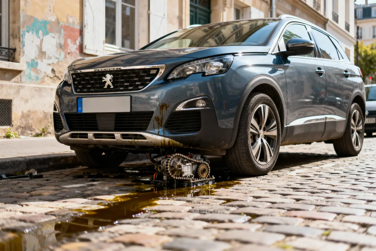 Un SUV Peugeot garé sur des pavés, avec une fuite d'huile visible au sol et un moteur partiellement exposé.
