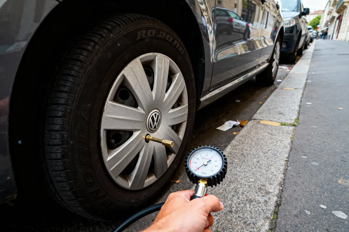 Une main tient un manomètre pour mesurer la pression d'un pneu de voiture Volkswagen sur un trottoir.