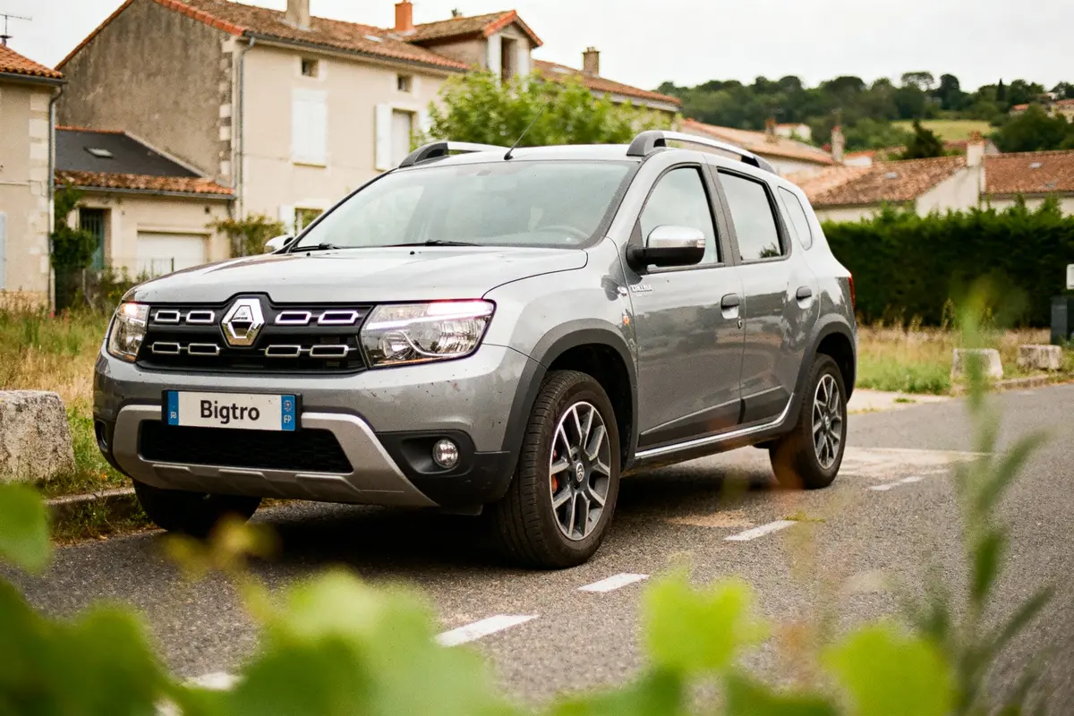 SUV gris garé dans une rue de village, maisons en arrière-plan, végétation environnante. Plaque "Bigtro".
