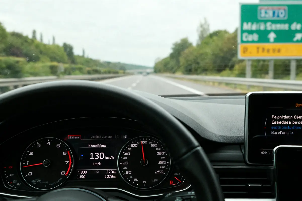 Vue depuis l'intérieur d'une voiture sur l'autoroute, affichage de la vitesse à 130 km/h et panneaux routiers visibles.