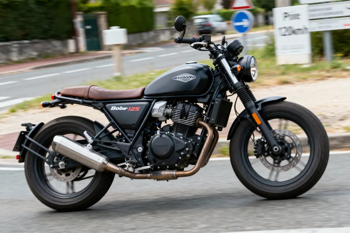 Moto Hyosung Boba 125 en mouvement, avec un design noir et marron, sur une route bordée de panneaux de signalisation.