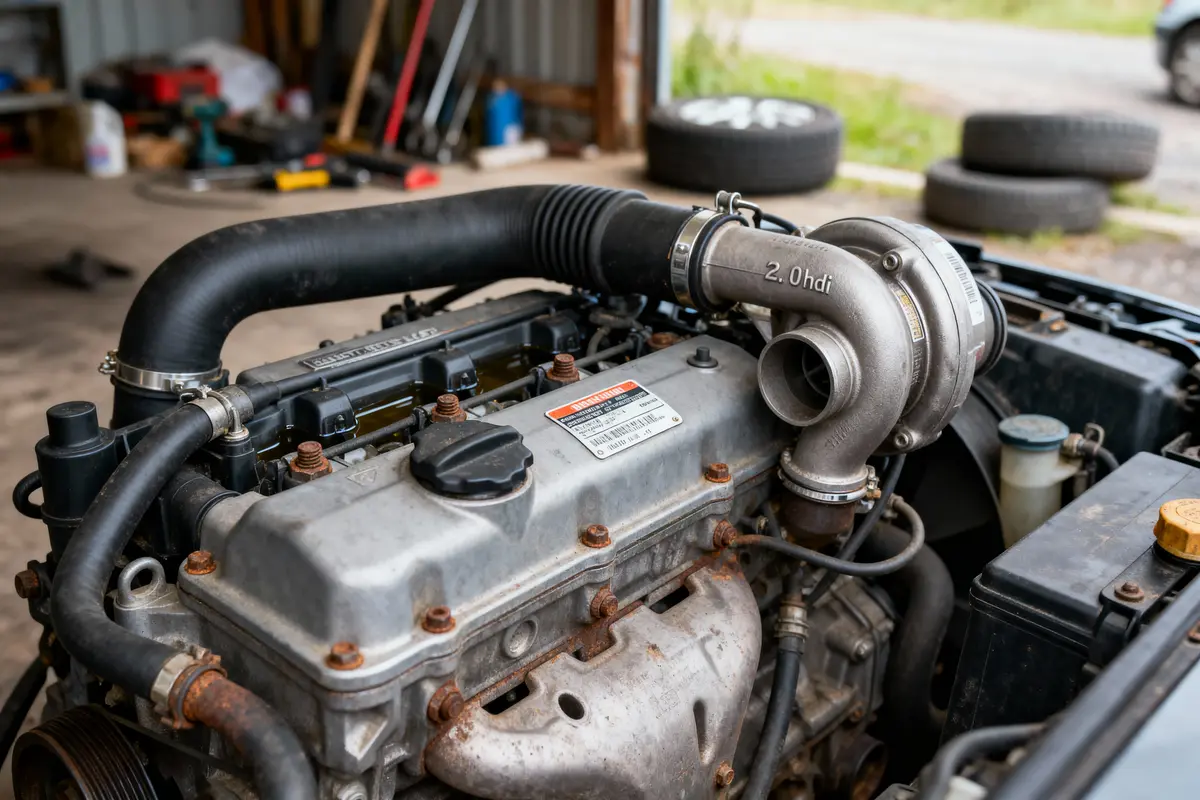 Moteur de voiture dans un atelier, avec turbo marqué 2.0 HDI, pneus en arrière-plan.