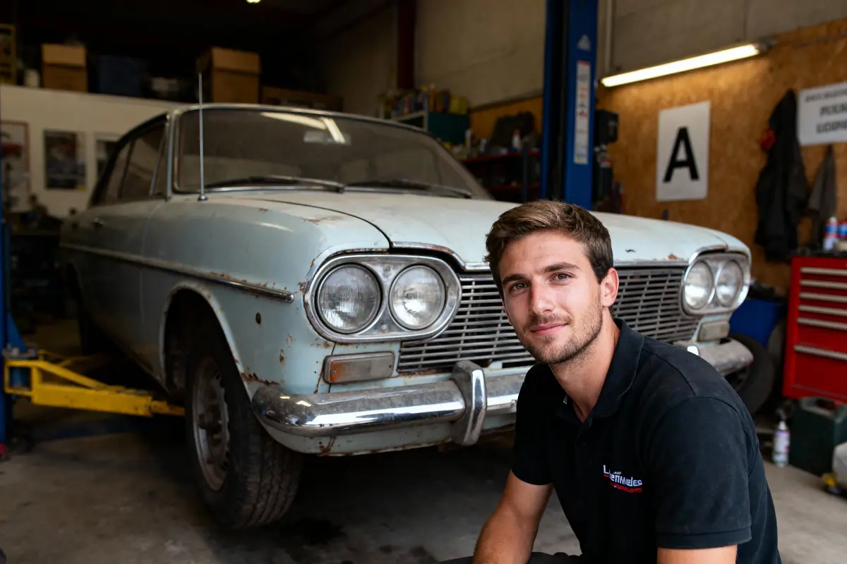 Un homme souriant pose devant une voiture ancienne dans un garage.