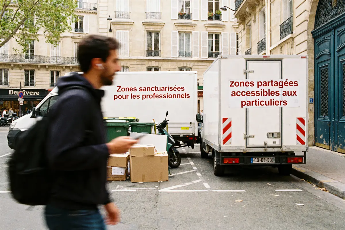 Homme marchant devant camionnettes sur rue, inscriptions "Zones sanctuarisées" et "zones partagées".