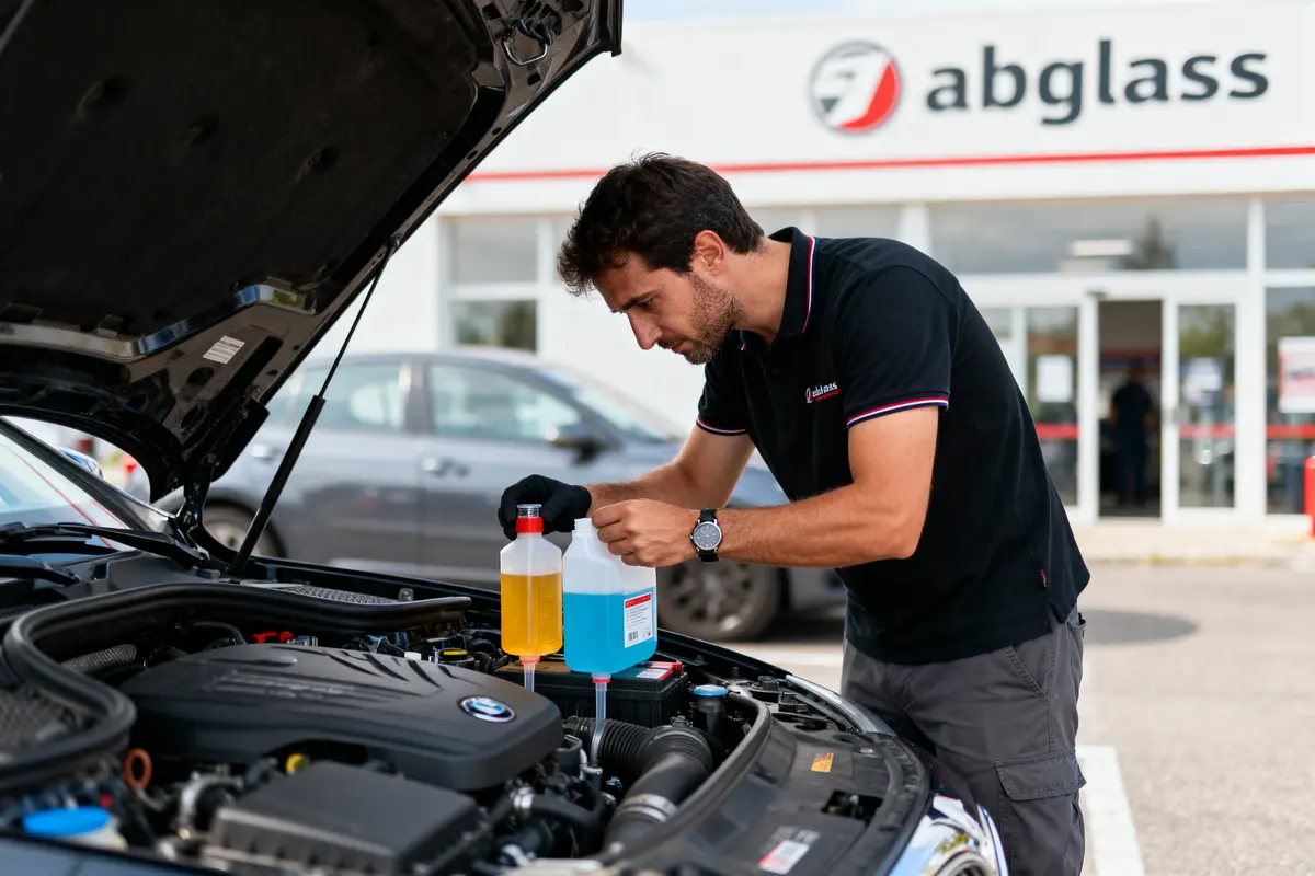 Homme remplissant liquide dans le moteur d'une voiture devant un atelier Abglass.