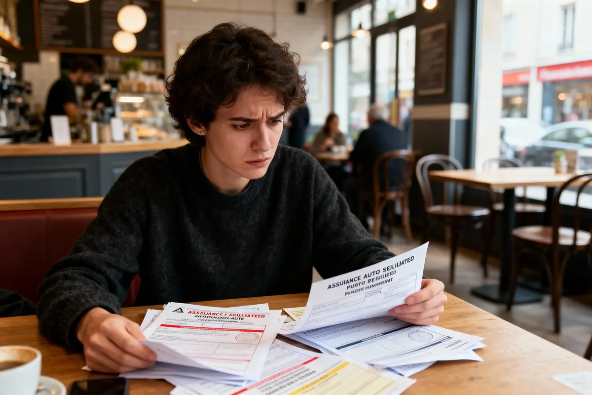 Jeune homme lisant des documents d'assurance dans un café, l'air préoccupé. Tasse à café sur la table.