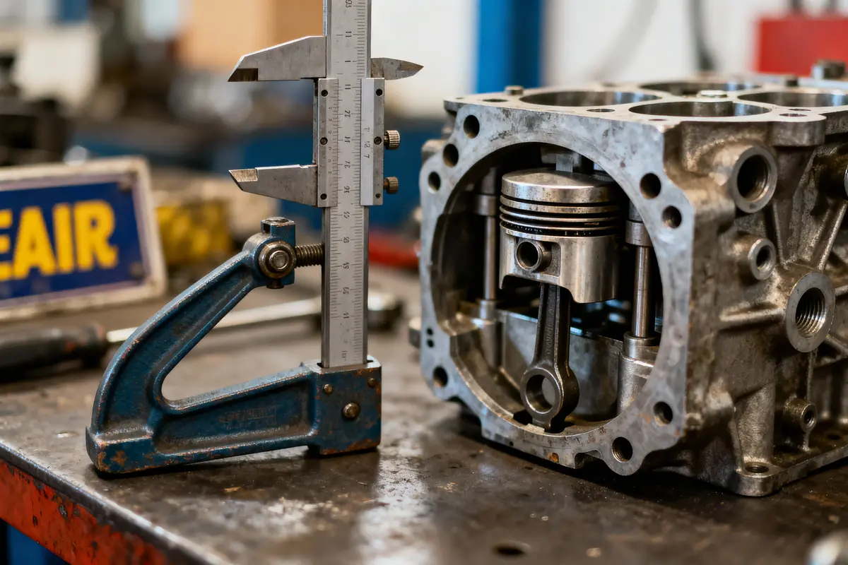 Pièce de moteur avec piston et pied à coulisse, sur un établi mécanique en atelier.