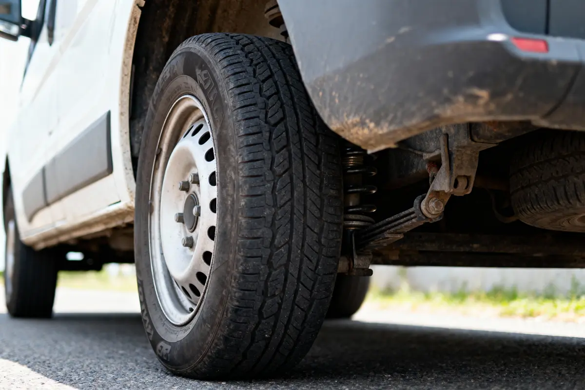 Gros plan d'une roue de camionnette sur route. Composants de suspension visibles. Conditions de route sèches.