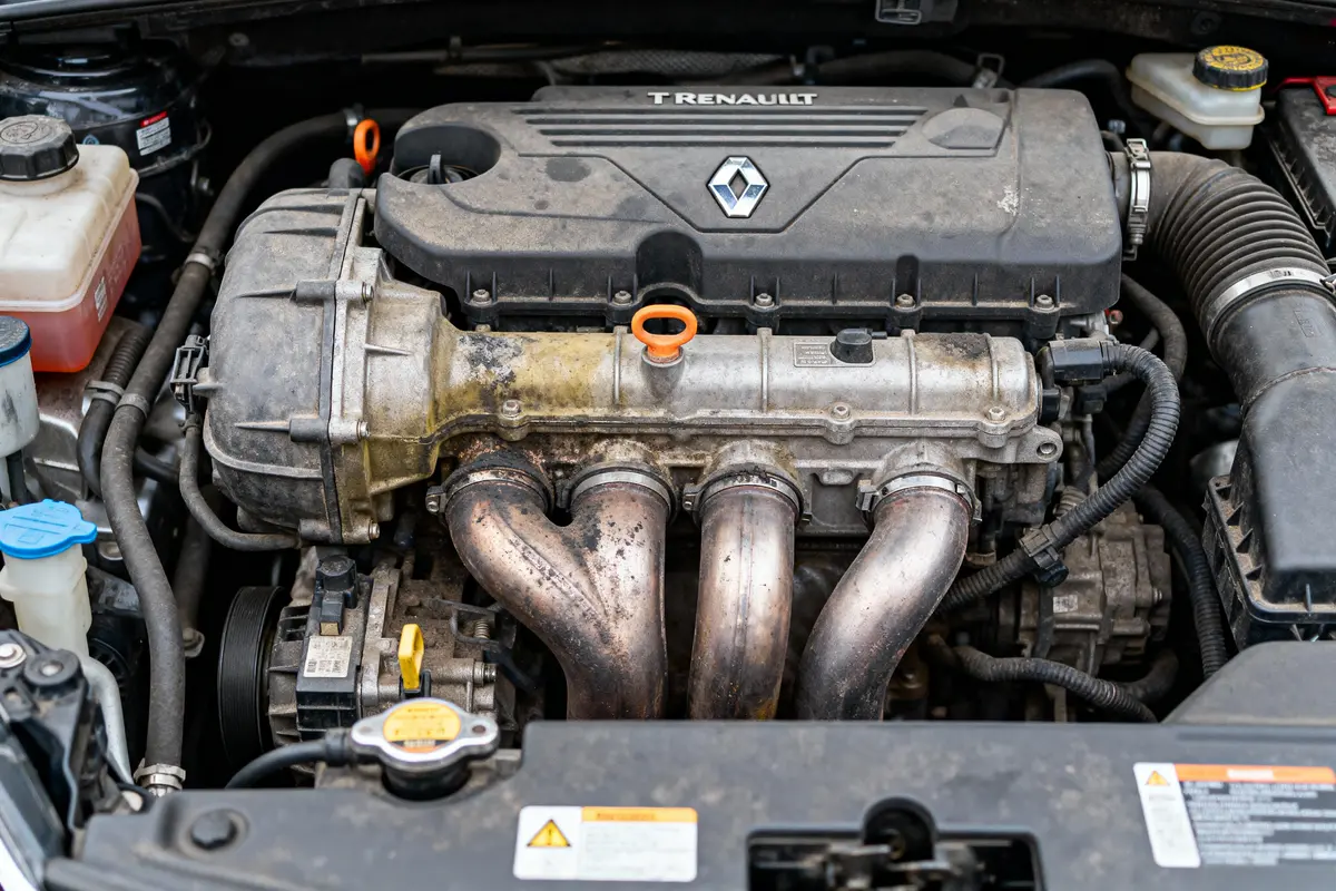 Moteur de voiture Renault avec bougies orange, tuyaux métalliques et composants visibles sous le capot.