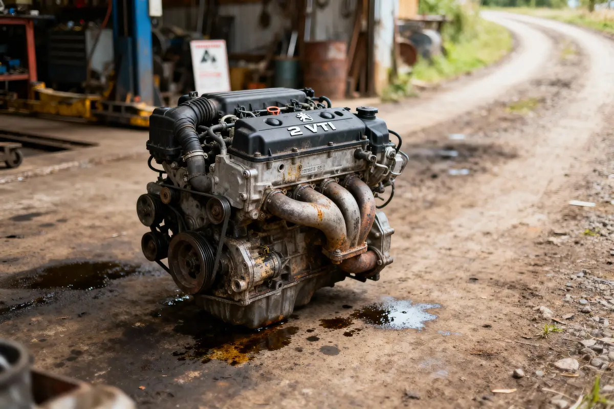 Moteur automobile usagé, posé sur sol terreux avec taches d'huile, dans un atelier mécanique.