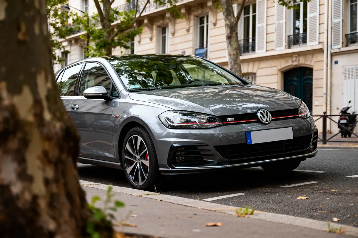 Voiture grise garée sur rue, arbres et bâtiments résidentiels en arrière-plan.