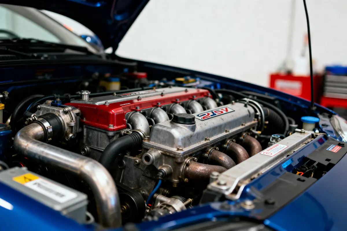 Moteur de voiture puissant sous un capot ouvert, avec des composants métalliques visibles et détails mécaniques.