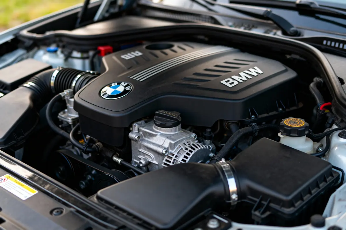 Moteur de voiture BMW sous le capot, composants visibles et logo BMW.