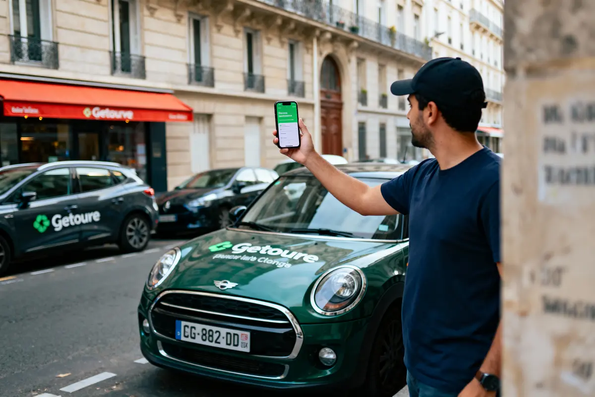 Homme utilisant application mobile devant voiture Getoure, rue parisienne avec bâtiments et enseigne rouge en arrière-plan.