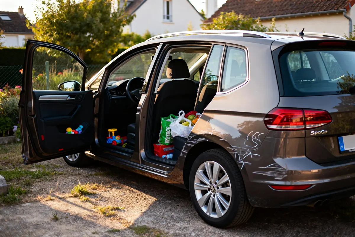 Voiture grise avec portes ouvertes, sac de courses, jouets, et rayures visibles à l'extérieur.