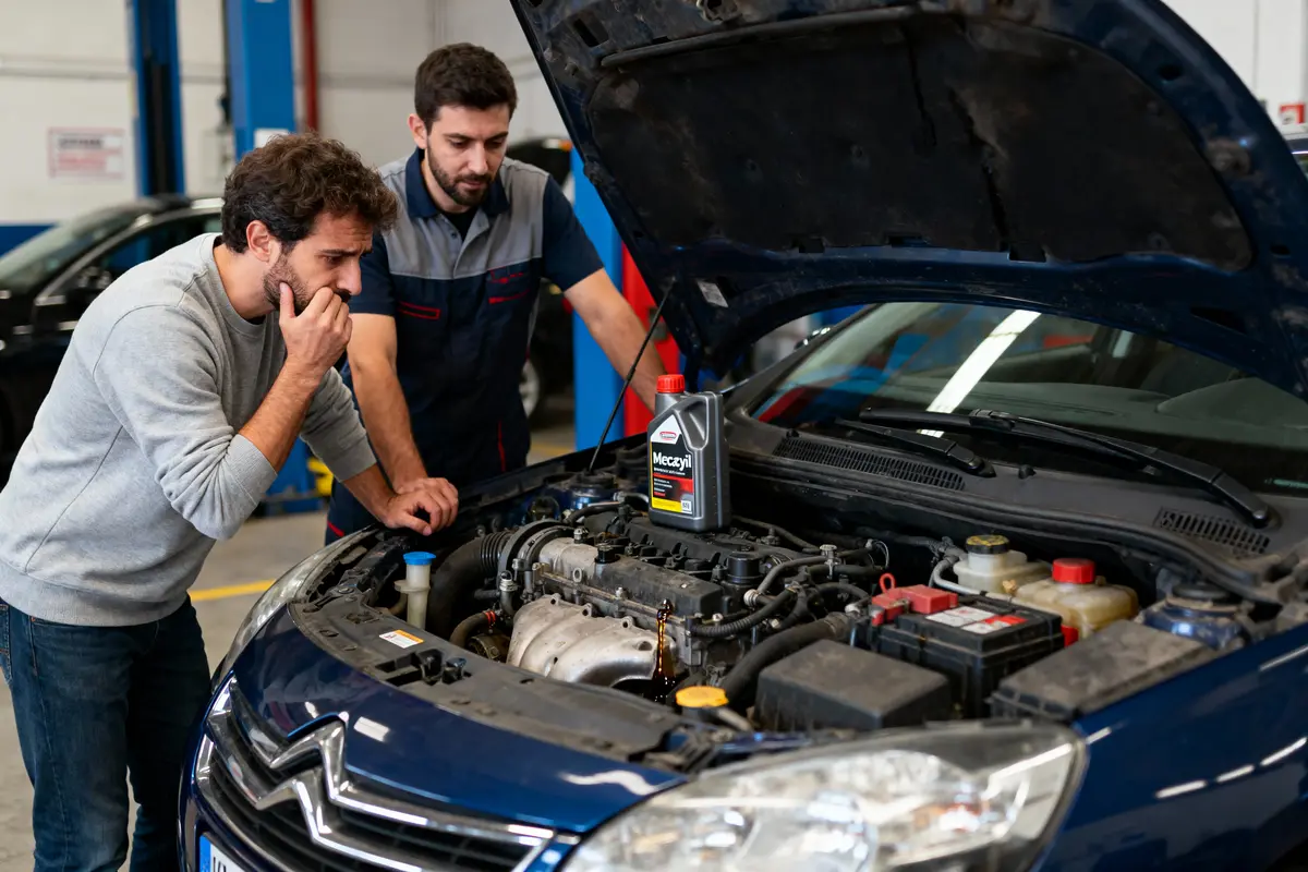 Deux hommes regardent le moteur ouvert d'une voiture dans un garage automobile.