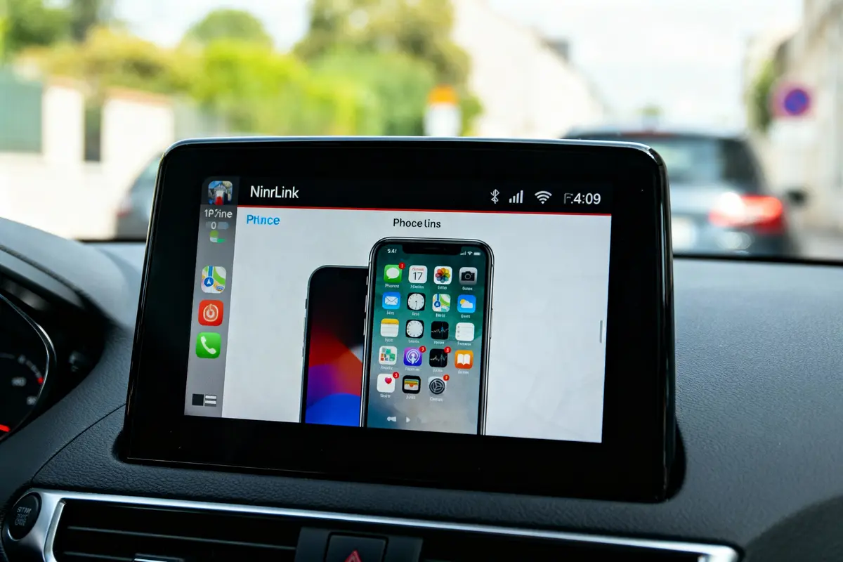 Écran de voiture affichant l'interface connectée avec application et icônes de smartphone. Fond de route flou.