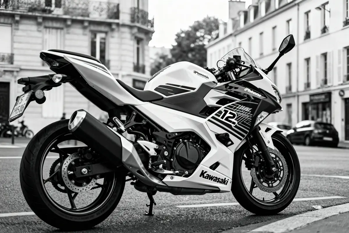 Moto sport Kawasaki blanche et noire garée sur une rue urbaine, bâtiments en arrière-plan.
