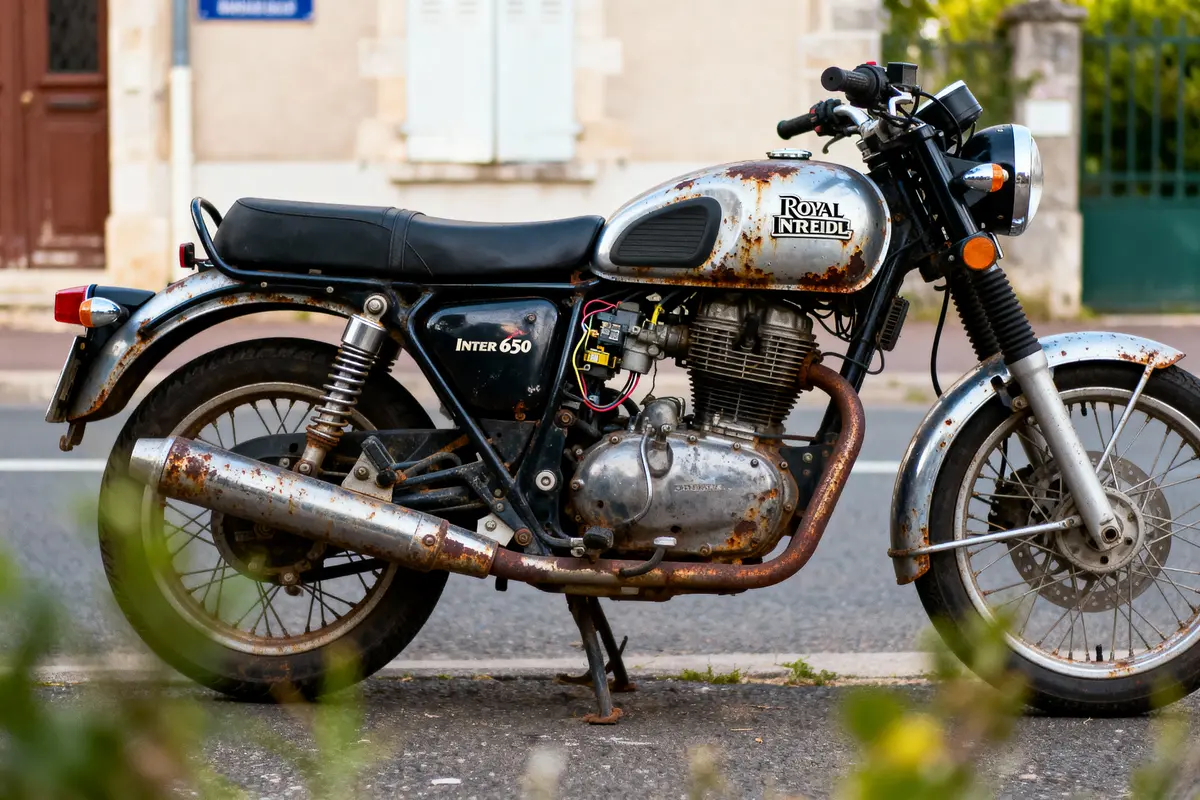Vieille moto Royal Enfield rouillée, garée sur route, arrière-plan flou. Style vintage, peinture usée, atmosphère rétro.