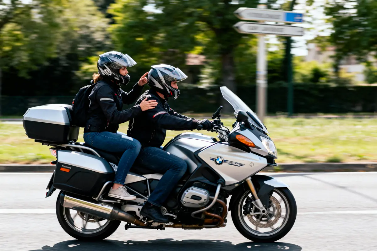 Deux personnes en moto BMW, portant des casques, roulant en extérieur sur une route ensoleillée.