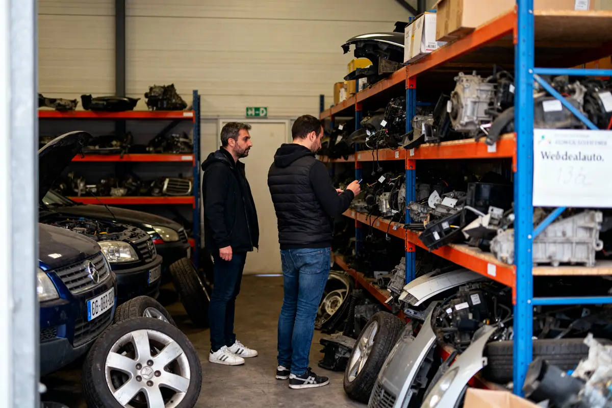 Deux hommes regardent des pièces automobiles dans un entrepôt avec des étagères pleines de composants.