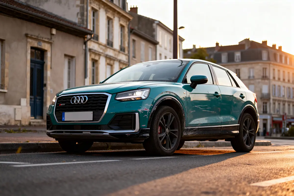 SUV vert Audi garé en ville, à côté de bâtiments anciens, éclairé par la lumière du soir.