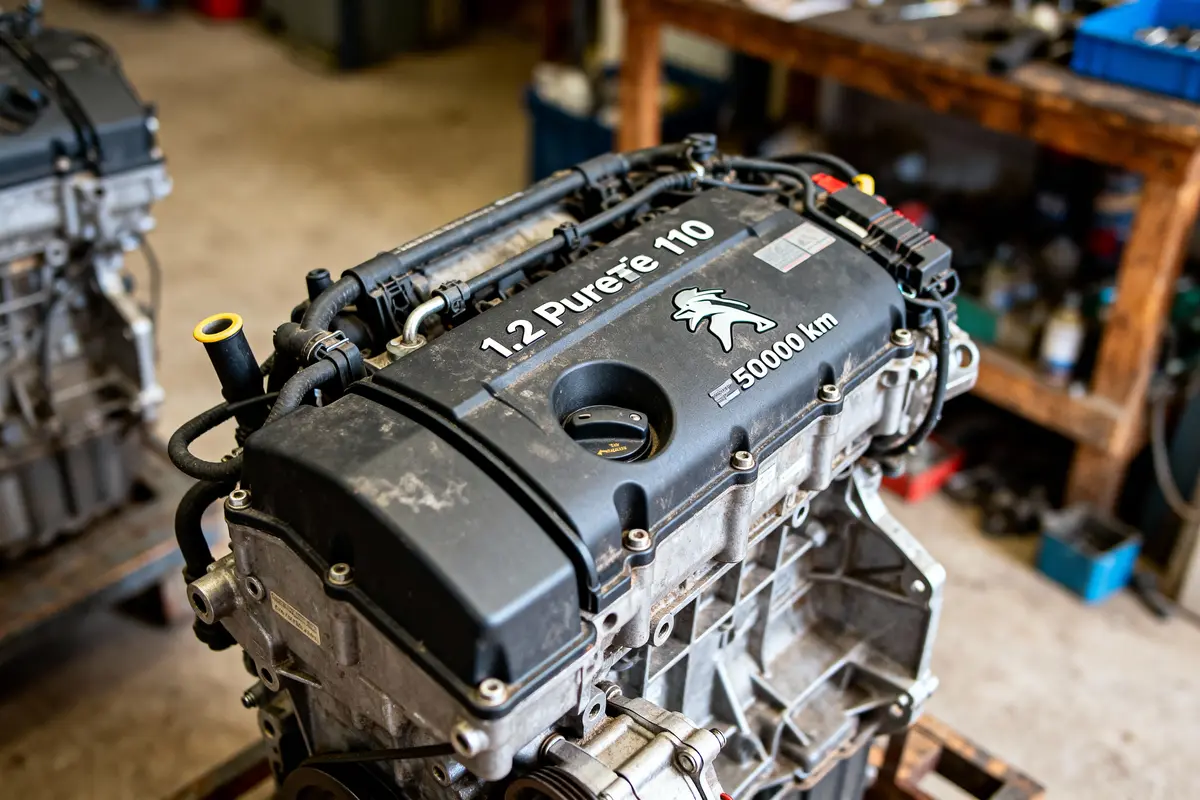 Moteur automobile 1.2 PureTech 110, 50000 km, dans un atelier mécanique avec fond flou.