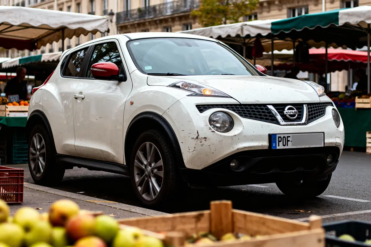 Voiture blanche sale garée devant étals de marché avec fruits, à l'extérieur, en ville.