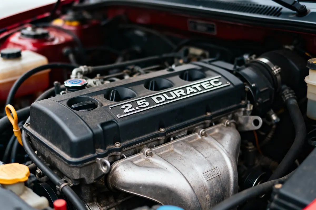 Moteur automobile avec inscription "2.5 DURATEC", câblage, tuyaux visibles, dans un compartiment moteur rouge.