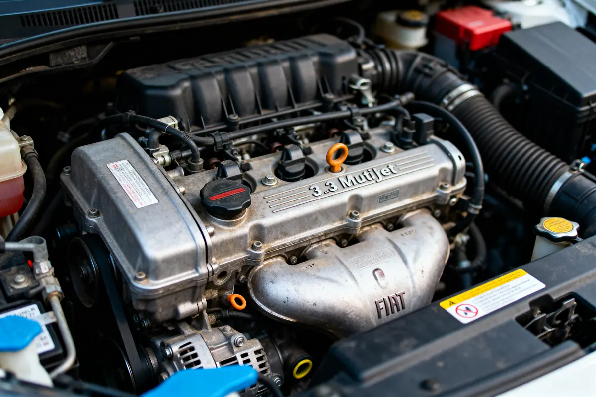 Moteur 3.3 Multijet d'une voiture Fiat sous le capot avec divers composants visibles.