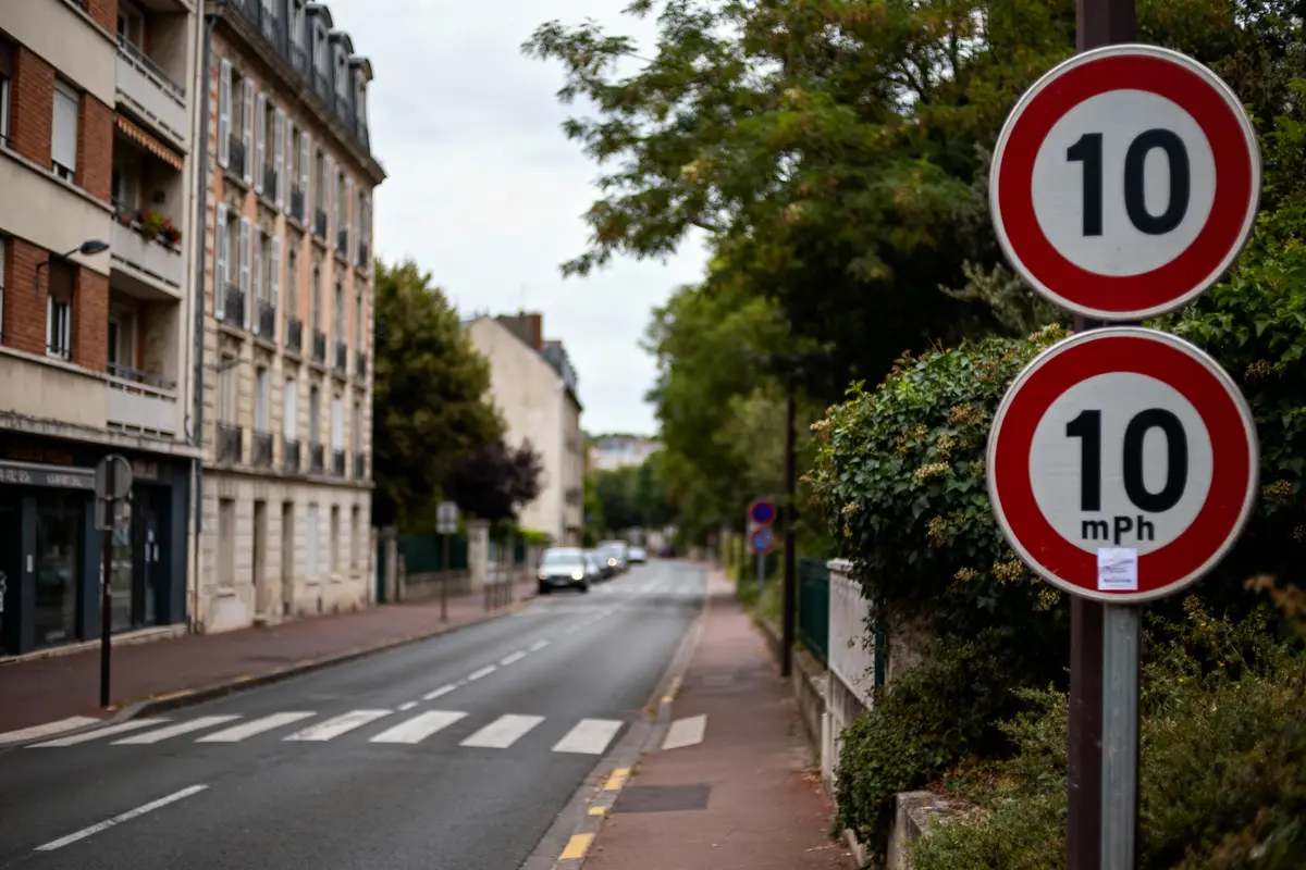 Rue bordée d'arbres, bâtiments, panneaux de limite de vitesse 10 km/h et 10 mph.