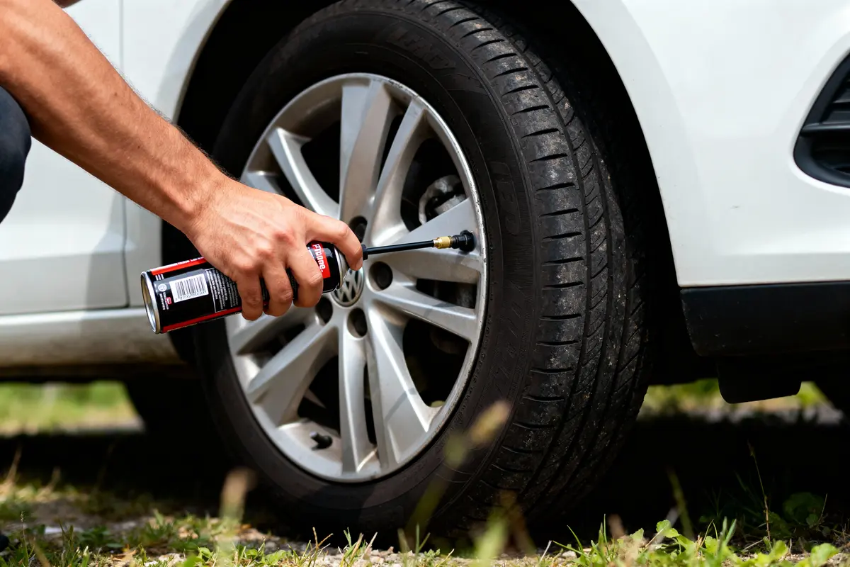 Main réparant pneu de voiture blanche avec un produit en spray dans un environnement extérieur.