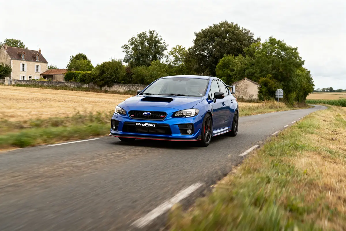 Voiture bleue sportive roulant sur une route de campagne avec des champs et maisons en arrière-plan.