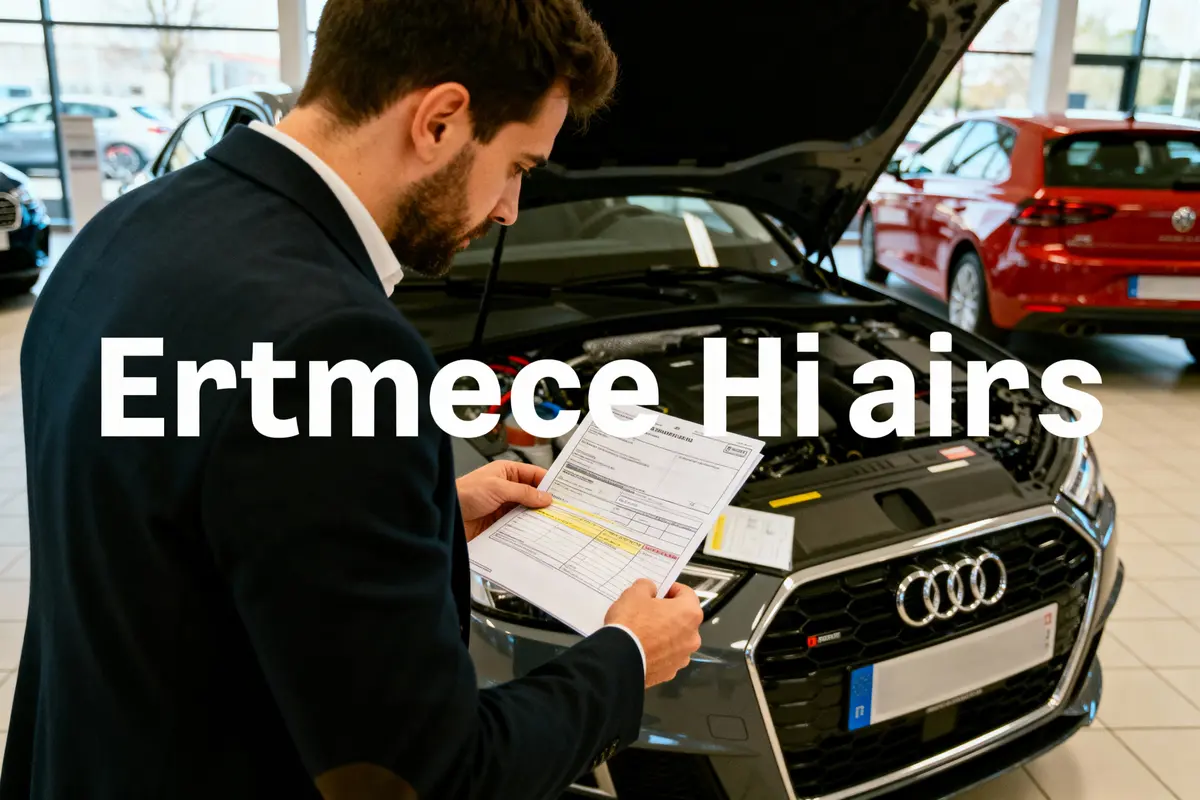 Homme en costume lisant un document près d'une Audi avec capot ouvert dans un showroom, texte superposé.