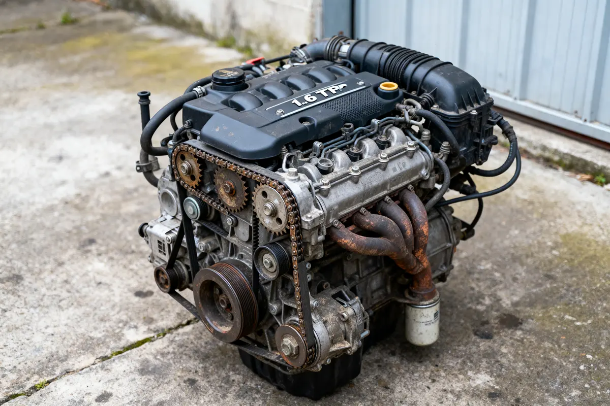 Moteur automobile 1.6 TP, posé sur sol en béton, avec courroies et tuyauteries apparentes.
